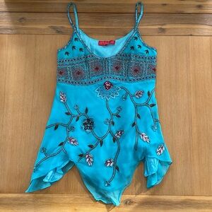 y2k sequin beaded floral embellished silk asymmetrical fairy top - turquoise